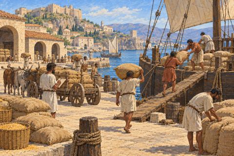 Interpretive illustration: Grain at the harbor