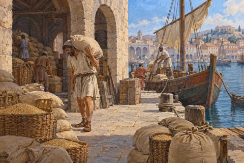 Porters carry grain sacks from a wooden cargo boat into an arched harbor warehouse.