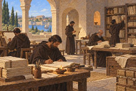 Interpretive illustration: The scriptorium begins