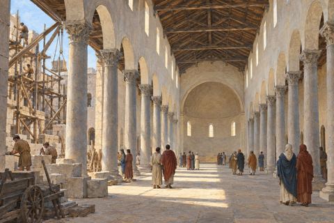 People walk between columns in a timber-roofed basilica, while builders work on scaffolding along one side.