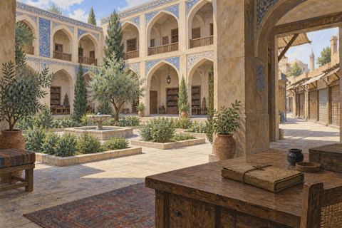 An arcaded courtyard opens toward shopfronts, with a tied document bundle on a caretaker’s desk.