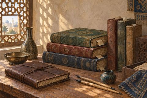 Well-used manuscript volumes, bookmark slips and reed pens sit beside a lattice window.