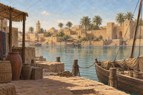 Low earthen buildings and palms rise above a river quay with a moored wooden boat.