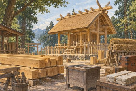 Fresh timber and roofing materials stand near a shrine frame, with a plain collection box in front.