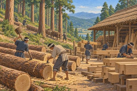 Interpretive illustration: Forest and workshop