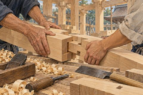 Two pairs of hands fit a timber joint on a bench surrounded by planes, chisels and wood shavings.