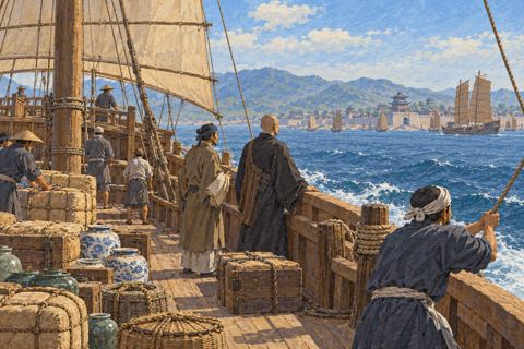 Interpretive illustration: Across the sea to China