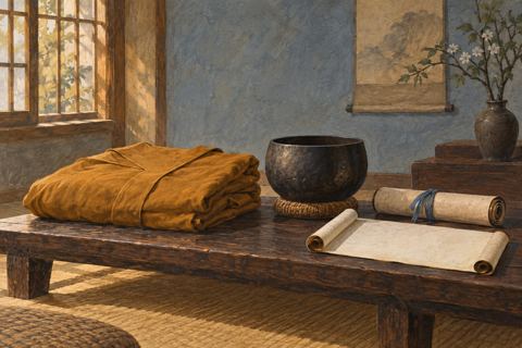 A folded robe, a dark bowl and tied document rolls sit on a low wooden platform.