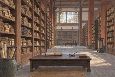 Bundled scrolls fill orderly wooden shelves around a low desk in a quiet library.