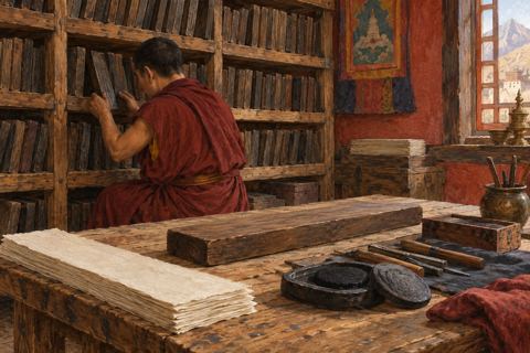 A worker selects a wooden printing block from shelves beside a table of carving tools, ink and narrow paper sheets.