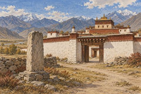 A walled monastery and plain stone pillar stand in a high mountain valley.