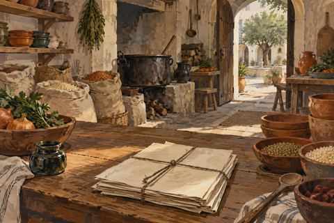 Folded papers rest on a worktable near grain sacks and bowls in a lodge kitchen.