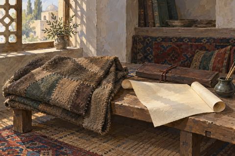 A patched wool cloak lies beside rolled papers and a closed document case on a low wooden bench.