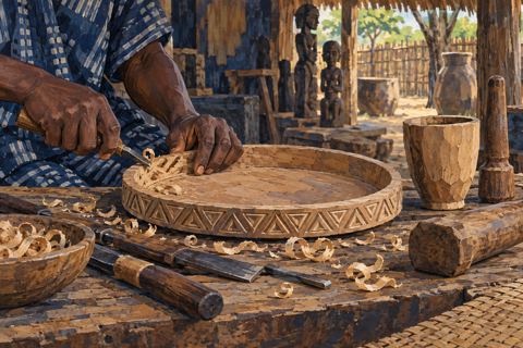 A woodworker’s bench holds an unfinished round tray, a wooden cup, carving tools and curled shavings.