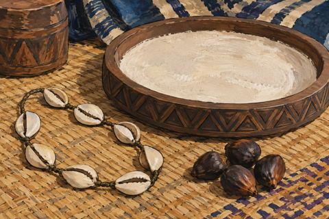 A chain of half-shell pieces and palm nuts lie beside a shallow wooden tray with a plain dust surface.