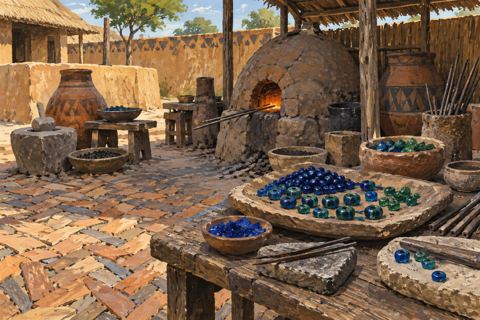 A bead-making workspace contains a clay furnace, glass beads and tools beside a patterned potsherd pavement.