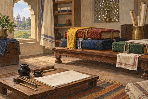 Cloth-wrapped manuscript volumes and copying materials rest on a clean raised writing surface.