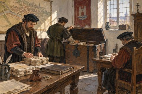 Three clerks handle papers around an open iron-bound wooden chest, with a purse, coins and closed ledger on the table.