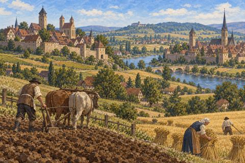 Interpretive illustration: A town beyond another hill