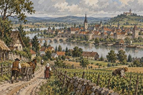 A walled town and a distant hilltop stronghold stand across fields and a river.