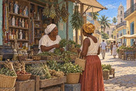 Interpretive illustration: The herbalist's stall