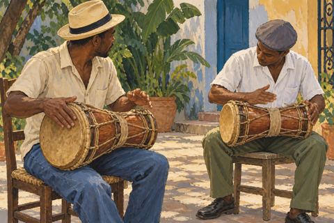 Two seated drummers practice on horizontal double-headed drums in a shaded room.