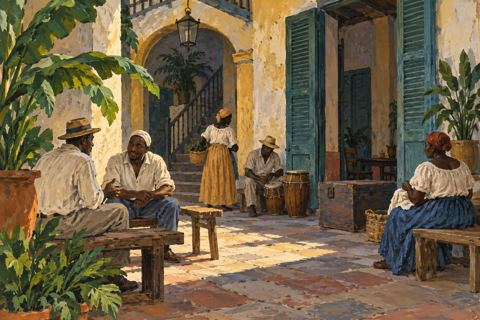 People converse on benches in a Havana courtyard with wooden shutters, drums and a storage chest.