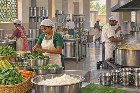 Workers tend large steel cooking vessels near grain containers and stacked serving bowls.