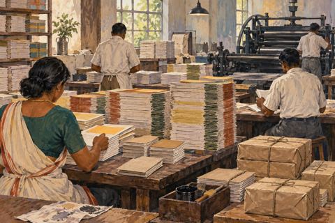 Workers sort folded books and paper bundles around a mechanical printing press in a sunlit workshop.