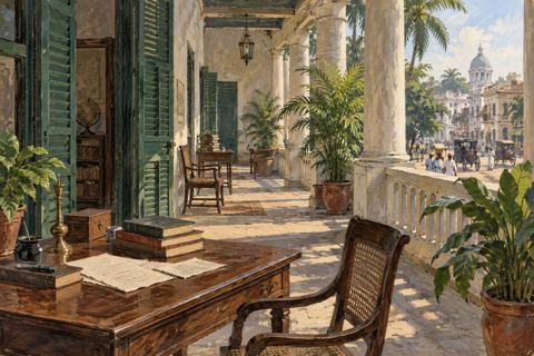 A shaded veranda opens onto an urban street while books and papers rest on a study table.