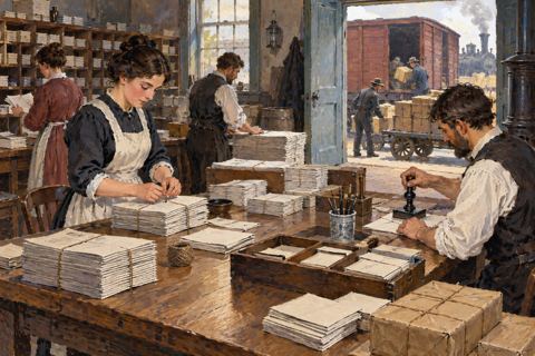 Workers bundle papers and stamp envelopes at a mailing table, with a freight train visible through the doorway.