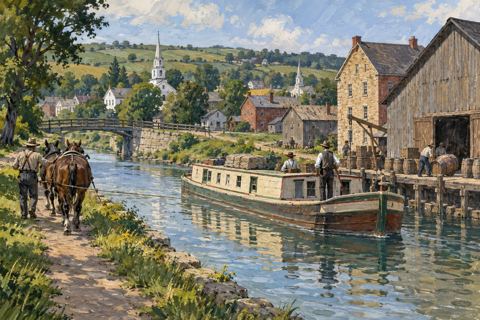 A canal boat passes a small town with meetinghouses, warehouses and a towpath.