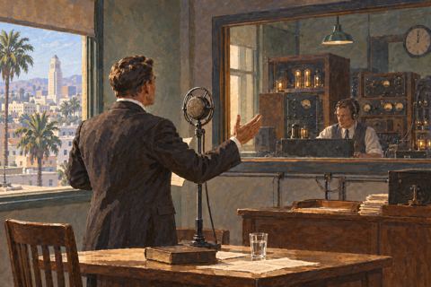 Interpretive illustration: A radio studio