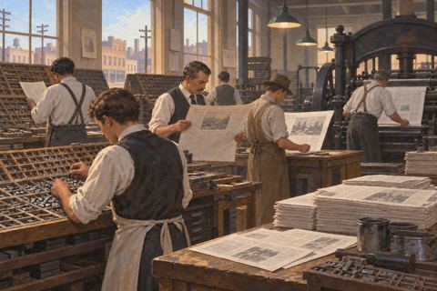 Interpretive illustration: News on the composing table