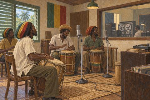Interpretive illustration: Drums by the microphone