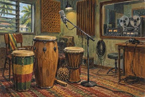 Hand drums stand beside a microphone and reel-to-reel recorder in a small studio.