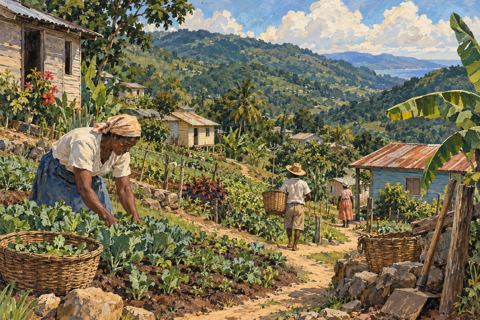 A woman tends vegetables beside baskets while people follow paths between small hillside homes.