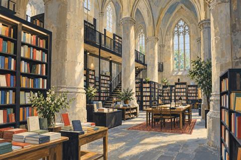 Bookshelves and reading tables stand beneath the stone vaults of a former church.