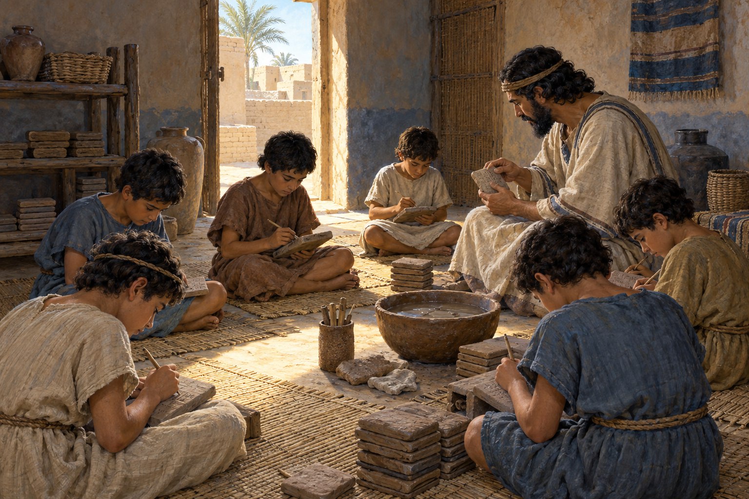 A teacher and students work with damp clay tablets and reed styluses in a small sunlit mudbrick room.