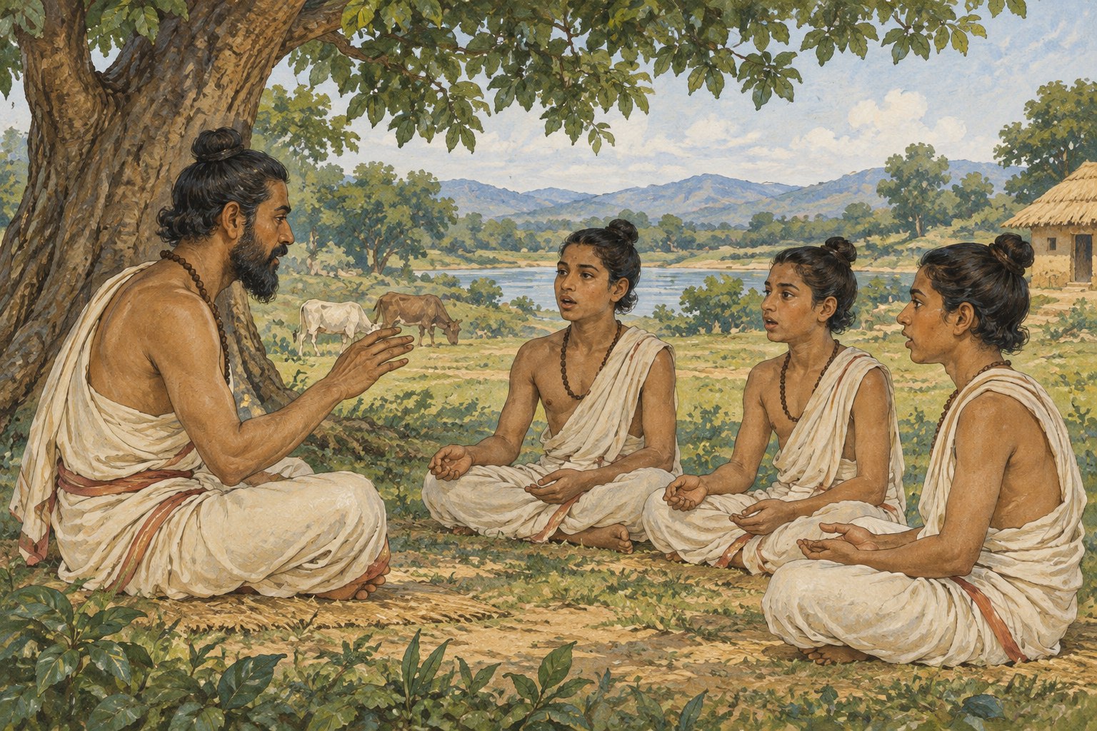 A teacher and three students sit facing each other beneath a tree, using quiet hand gestures while speaking.