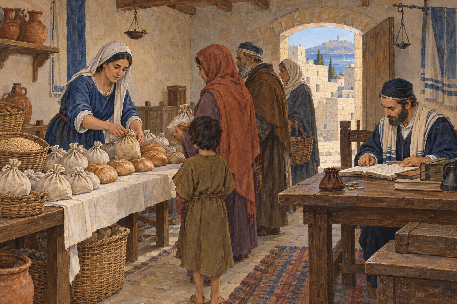 An attendant distributes food parcels while another works at a ledger in a modest communal room.