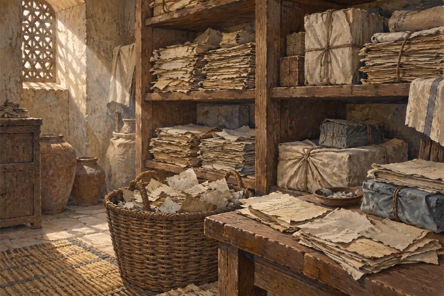 Stacks and bundles of worn paper fragments fill a dim storage chamber beside a wicker basket.