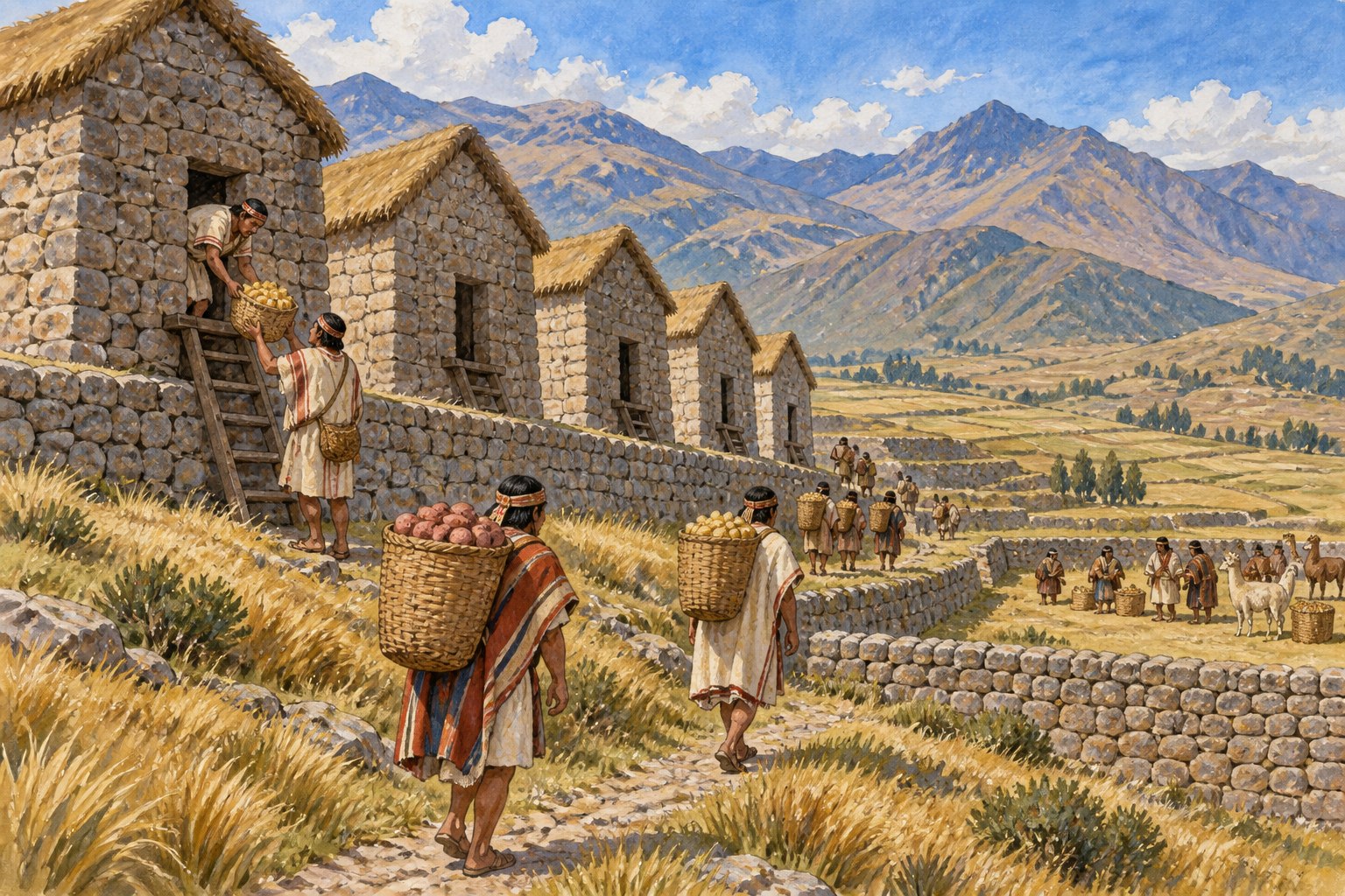 Rows of small stone storehouses stand on an Andean slope while workers carry produce baskets.