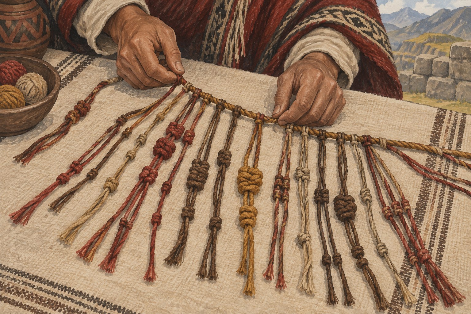 A primary cord with colored pendant strings and varied knots lies across a woven cloth beside a keeper’s hands.