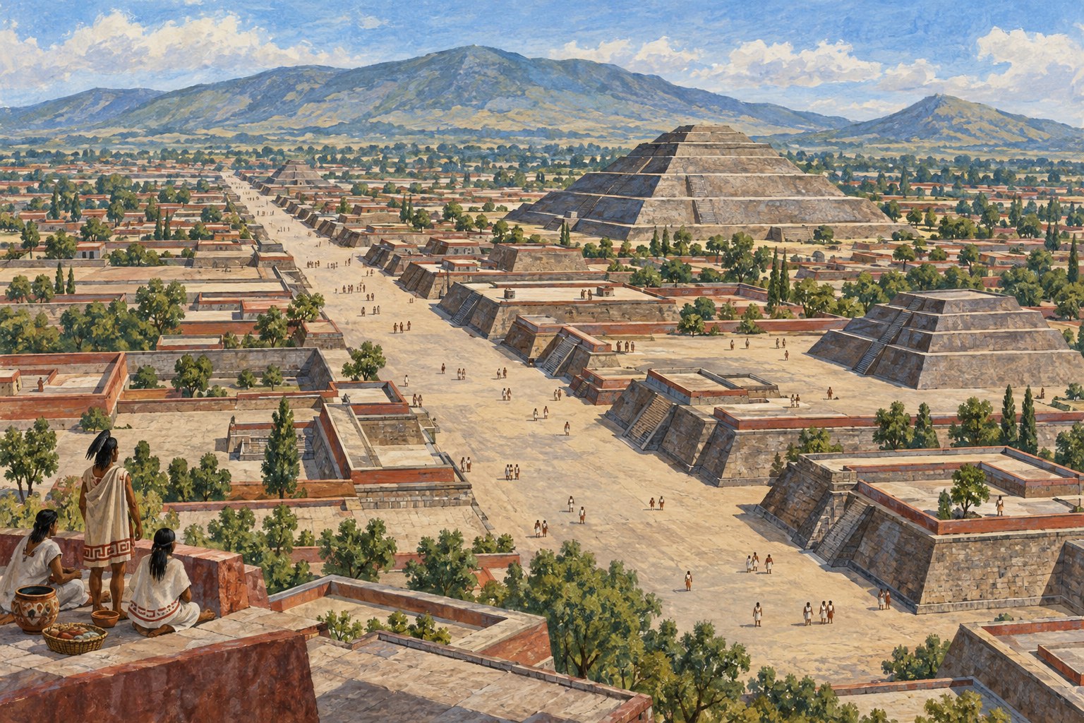 Stepped platforms and low courtyard compounds follow a broad straight avenue beneath distant mountains.