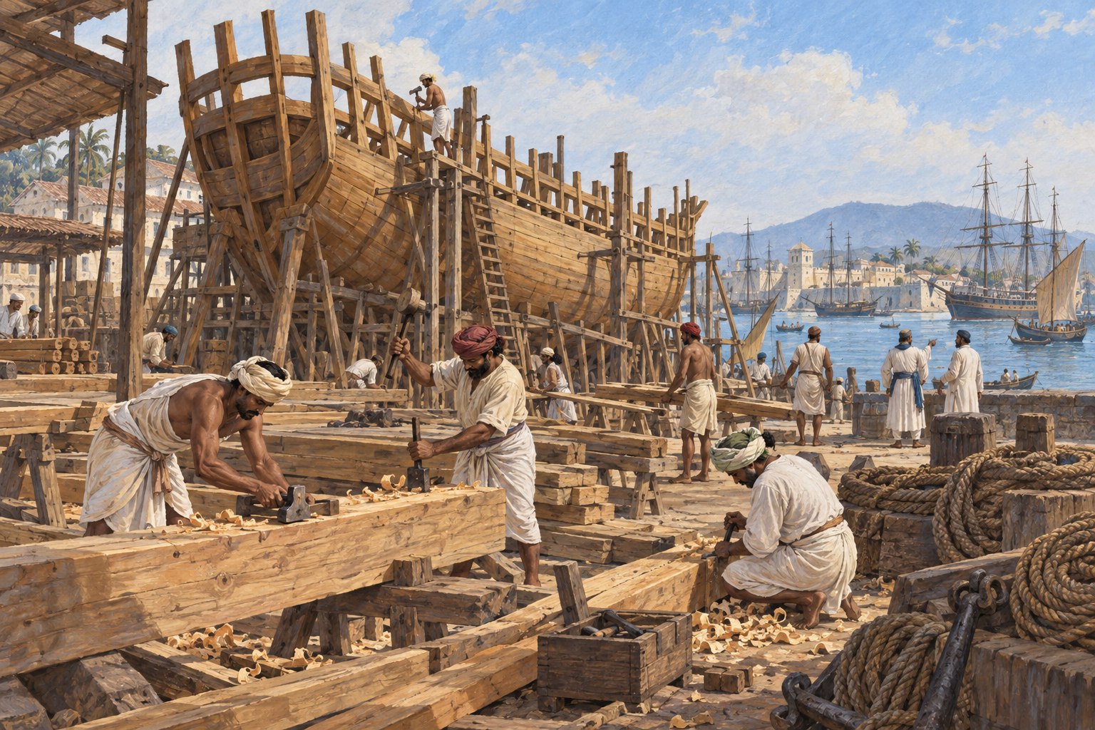 Shipwrights work beneath a large wooden vessel in an eighteenth-century harbor yard.