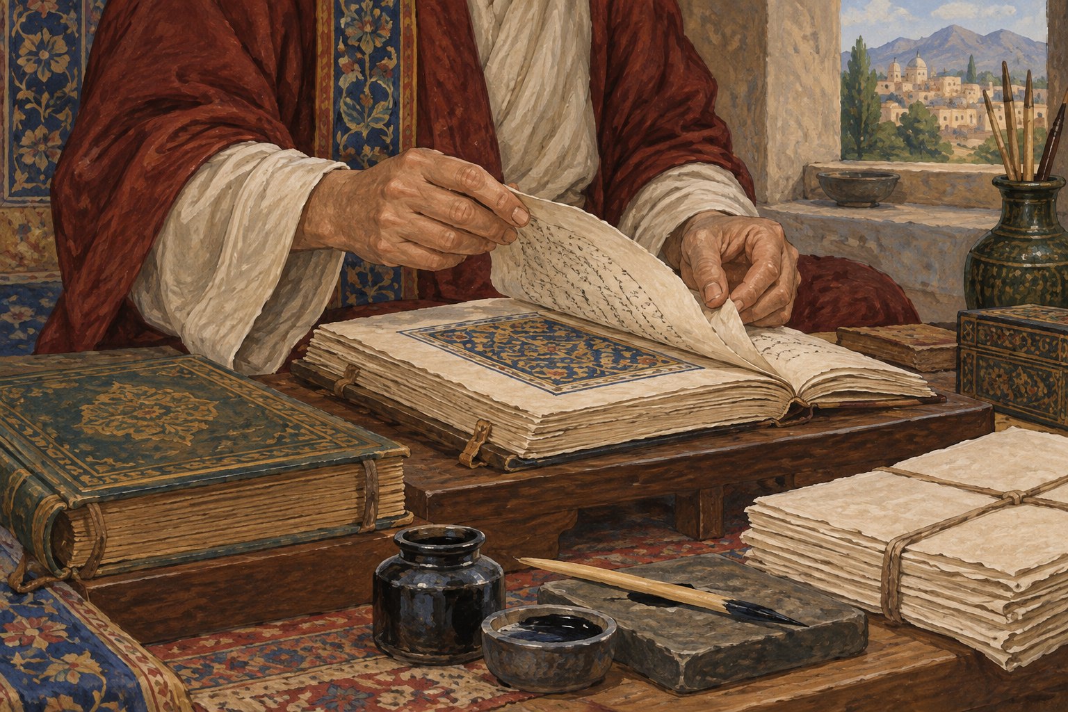 A scribe’s hands tend a manuscript on a low wooden desk beside a bound volume and ink pot.