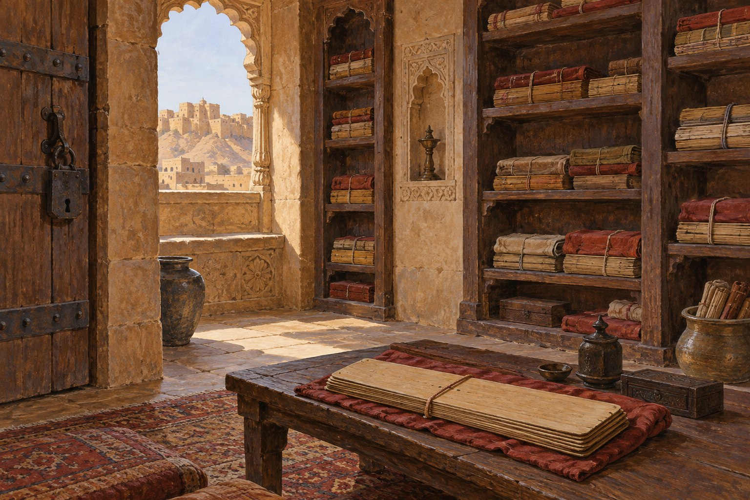 Cloth-wrapped palm-leaf manuscript bundles sit on shelves inside a sandstone storage room.