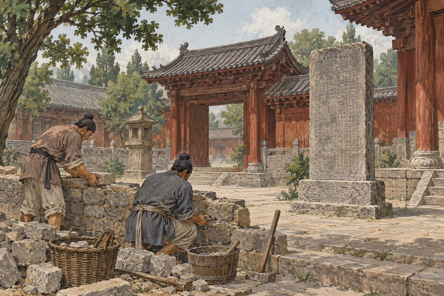 An upright stone stele stands in a Chinese temple courtyard beside workers repairing a low wall.