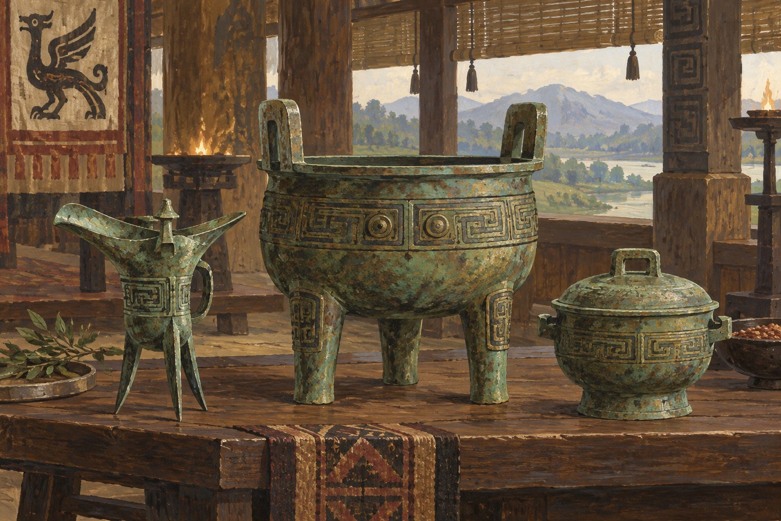 Three cast bronze vessels stand on a low wooden surface inside a timber hall.